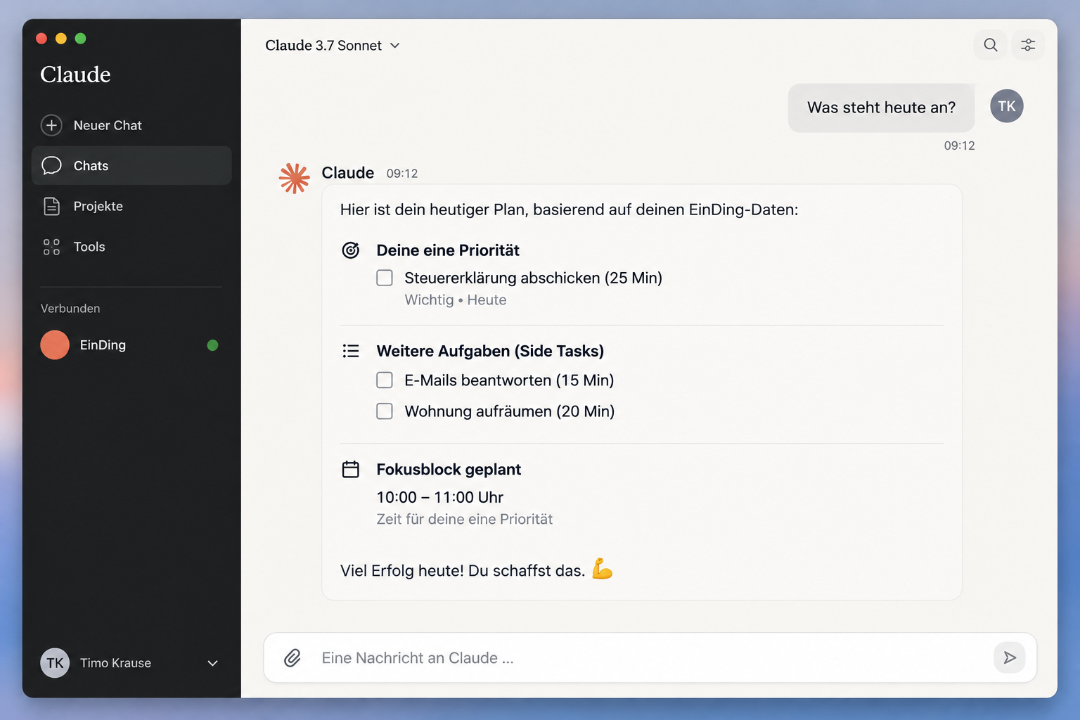 Claude Desktop beantwortet „Was steht heute an?“ mit dem Tagesplan aus EinDing