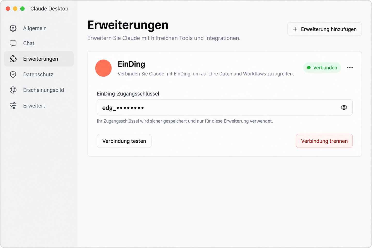 EinDing-Erweiterung in den Claude-Desktop-Einstellungen mit eingefügtem Zugangsschlüssel